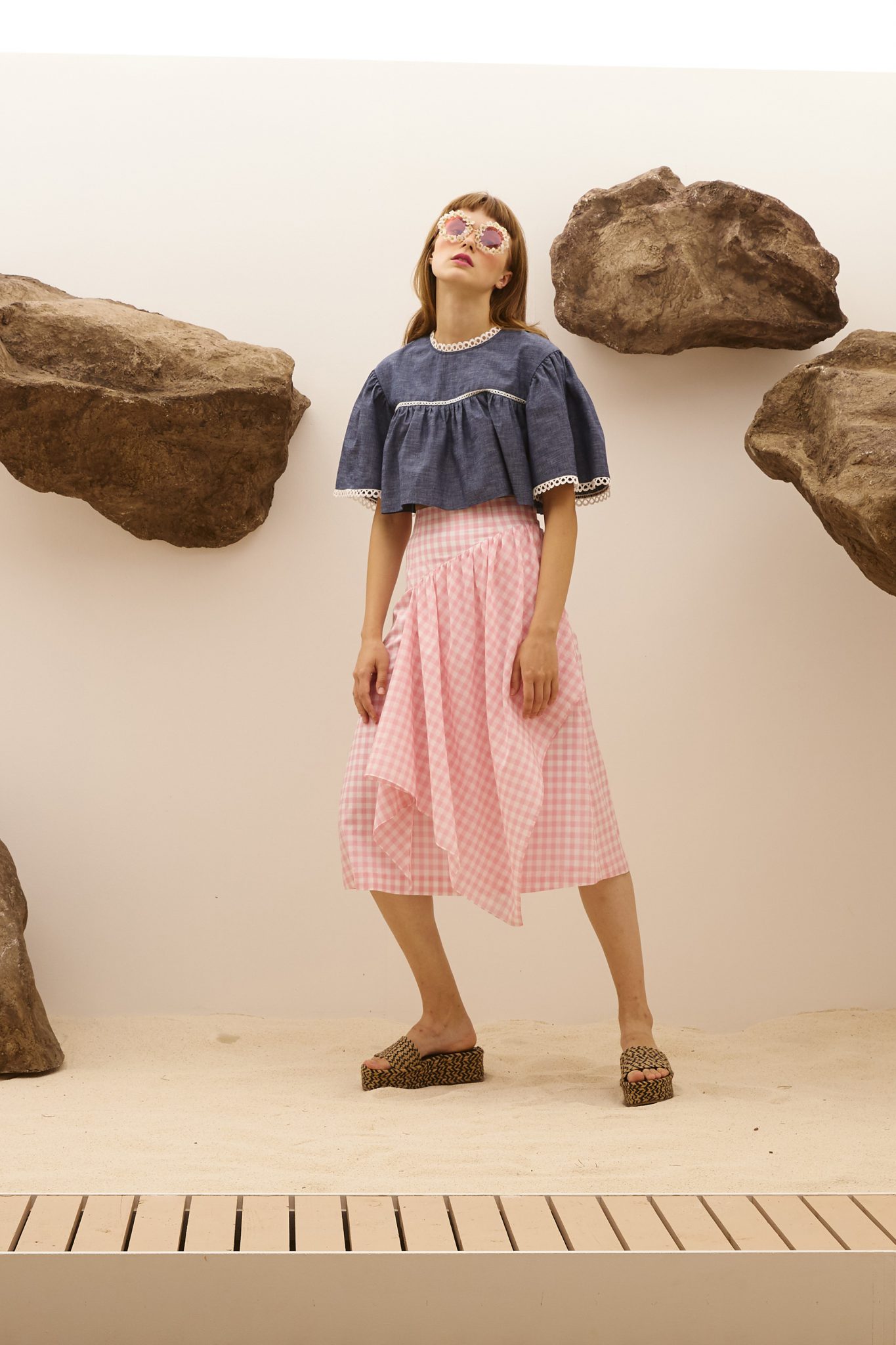 VEDA SKIRTED ROMPER, SUNKISSED PINK GINGHAM STRETCH JACQUARD
